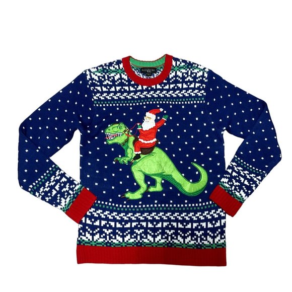Blizzard Bay Other - Blizzard Bay Ugly Christmas Sweater Sz Small Santa Riding T Rex Blue Red Unisex